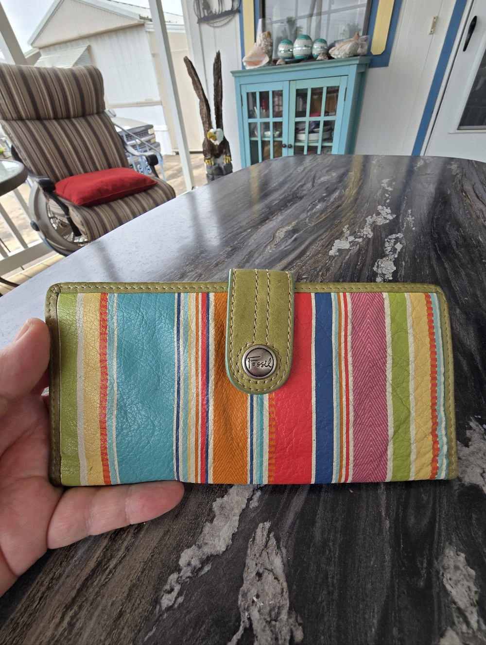 Fossil Striped Leather Continental Wallet in Turquoise, Orange, Red and Olive 7"